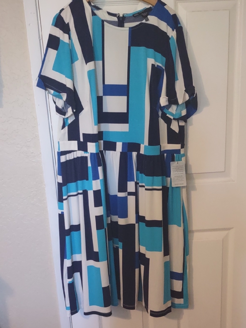 Maggy London Blue and White Geo-Print Midi Dress Size 16 New